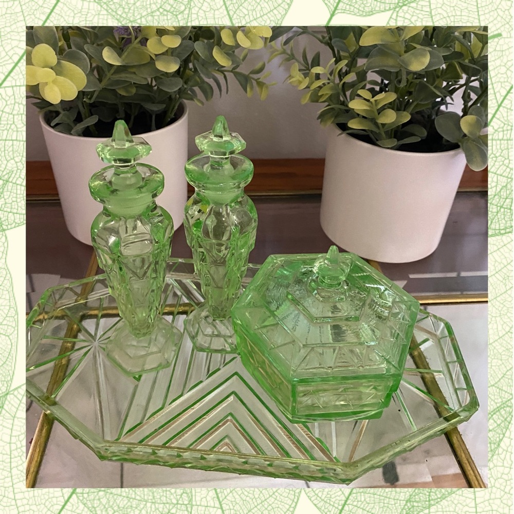 Antique Depression Green Glass Women’s Dressing Set !
